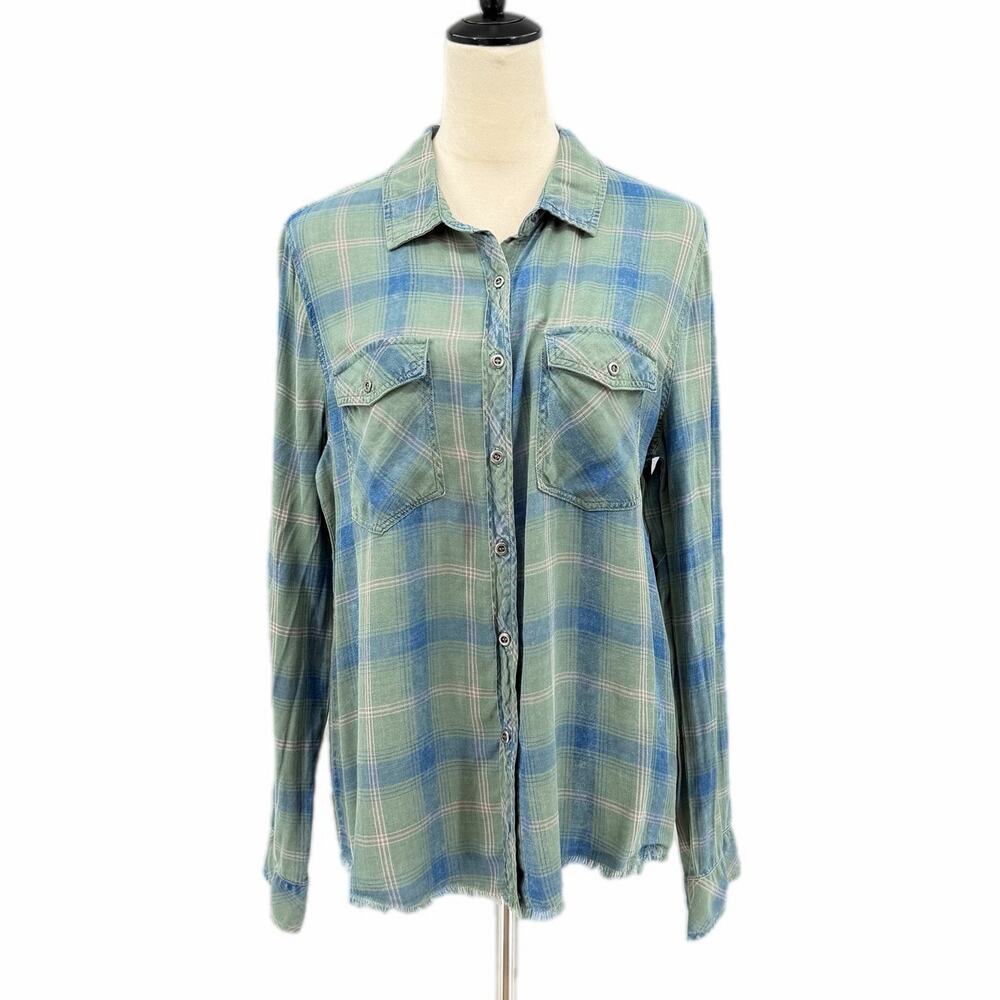 Billy T Green Blue Plaid Lace Up Back Fringe Collared Button-Up Long Sleeve Top